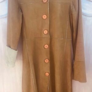Coat Vintage Tan Faux Suede & Faux Shearling Long Coat – Button Front